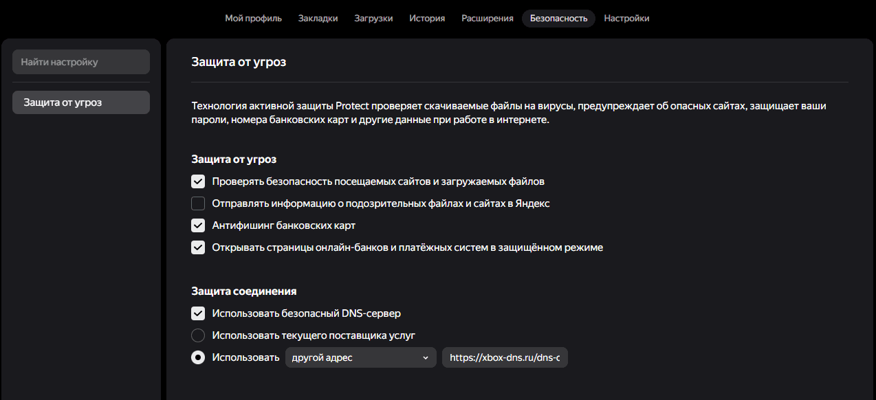 Настройки браузера с включённым безопасным DNS